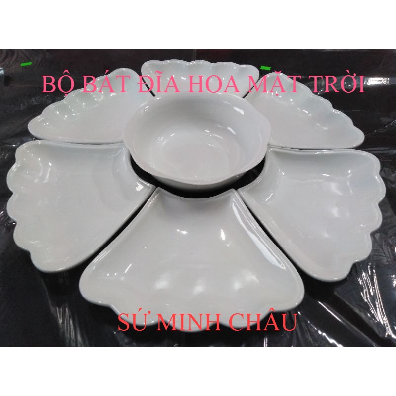 (SỨ TRẮNG TRONG)Bộ Bát Đĩa Minh châu(hoa mặt trời full set đĩa 1 tô + 6 đĩa to