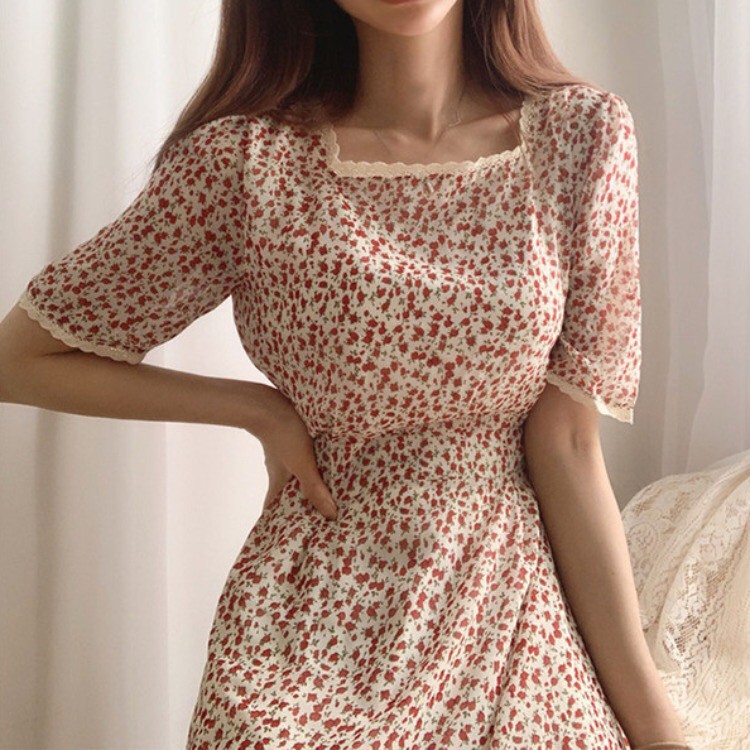 Váy dáng dài tay ngắn hoa cổ vuông ren , Đầm nữ Vintage Quảng Châu cộc tay hoa nhí kiểu ulzzang (ảnh thật) | BigBuy360 - bigbuy360.vn