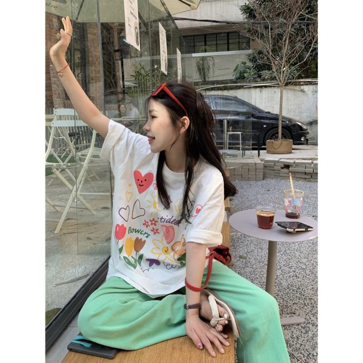 [𝗖𝗡𝟭] Áo thun nữ tay ngắn phông trắng kiểu Nhật, họa tiết graffiti, form rộng, cotton - ATN002, hot trend 2022
