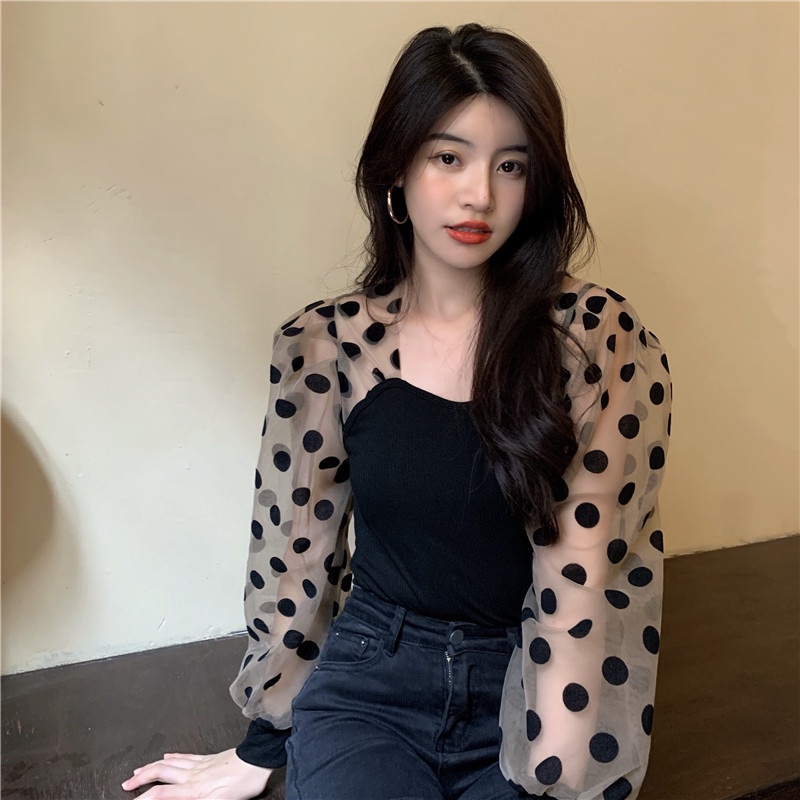 Áo Sơ Mi Cổ Vuông Tay Phồng Họa Tiết Chấm Bi Thời Trang Mùa Thu Mới Cho Nữ