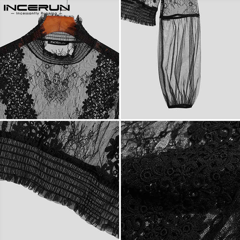 INCERUN Áo Croptop Tay Dài Phối Ren Xuyên Thấu Thời Trang Cho Nam