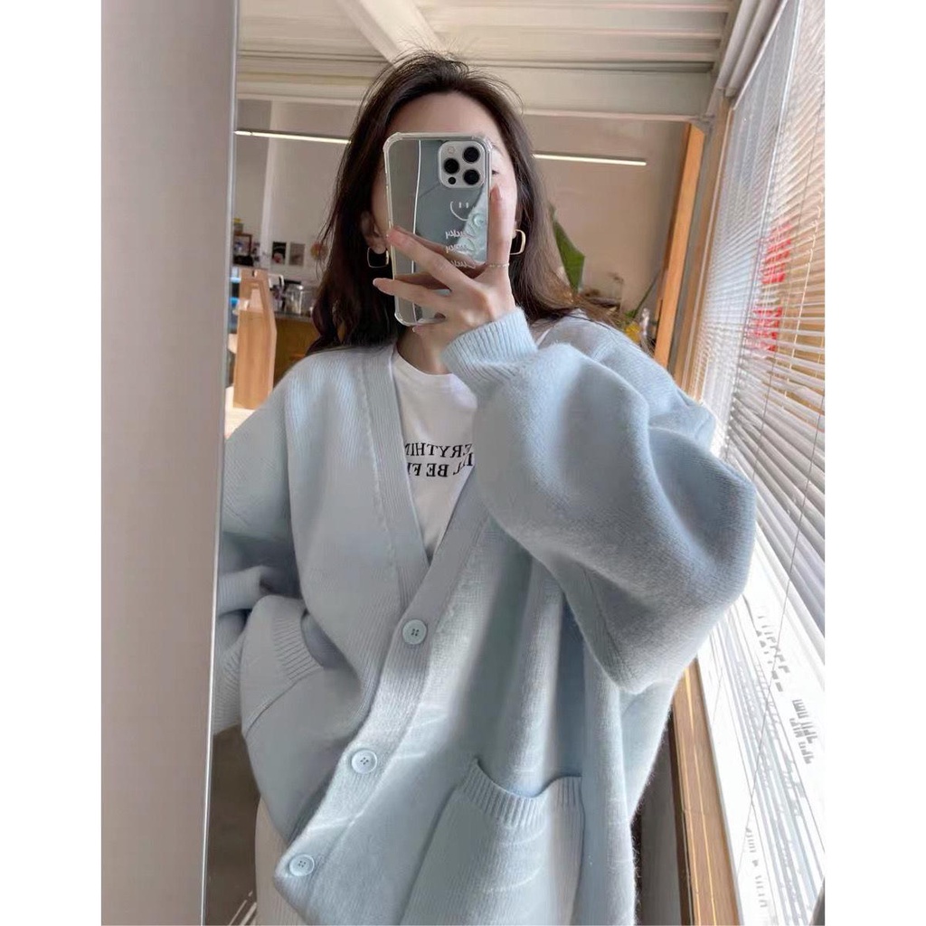 Áo cardigan Len Dáng Rộng Cổ Chữ V Màu Xanh Dương Sữa Phong Cách Thời Trang Thu Đông Hàng Mới 2022