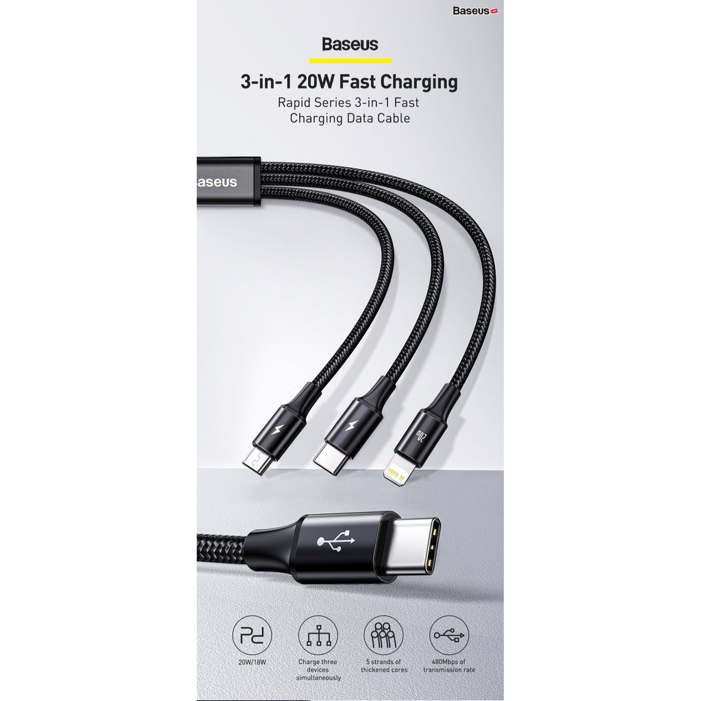 Cáp sạc Baseus Rapid Series 3in1 PD 20W ( Type-C to Type-C/ Lightning/ Micro USB ), Fast Charging &amp; Data Cable, dài 1.5m