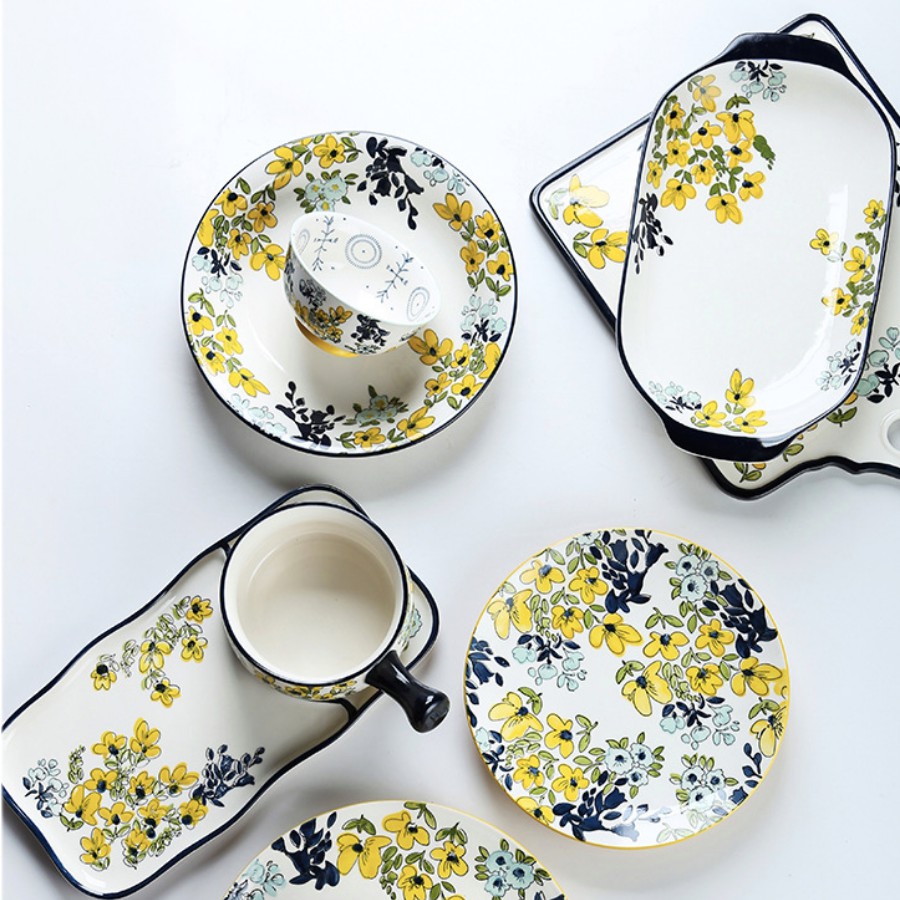 Set đồ ăn sáng Hoa Mai Vàng gồm thố sứ có tay cầm ăn mì và đĩa chữ nhật 2 ngăn