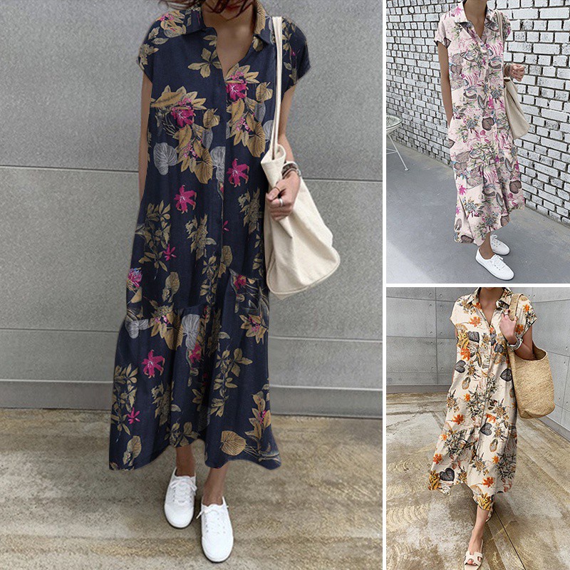 Đầm maxi ZANZEA chất liệu cotton in hoa có cổ túi bên phong cách cổ điển cho nữ
