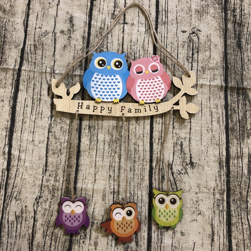 Bảng gỗ treo cửa Đôi chim cú mèo happy family gia đình hạnh phúc
