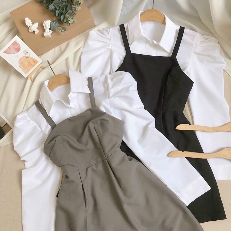 Set áo sơ mi kiểu nhún vai + yếm siêu đẹp kèm ảnh thật cá tính