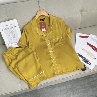 Bộ Mặc Nhà Pyjama Chất Lụa Tea Store Áo Cộc Quần Dài Họa Tiết Trơn