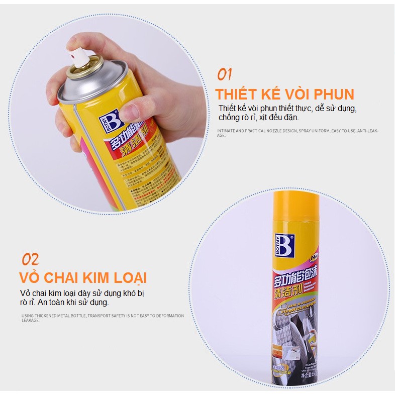 BÌNH XỊT VỆ SINH GHẾ XE Ô TÔ Đa Năng Cao Cấp BOTNY 650ML