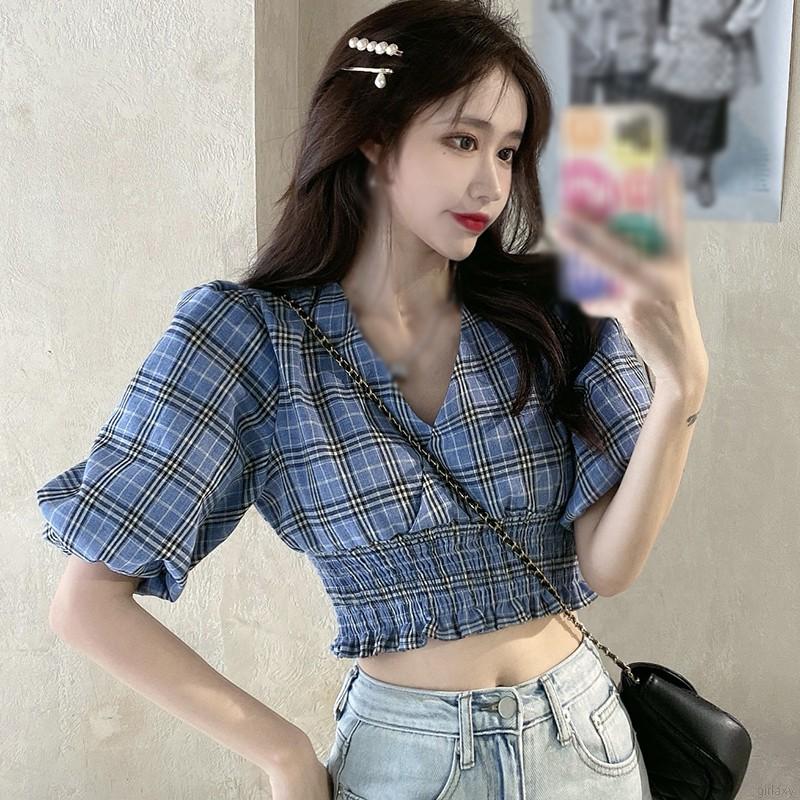  Áo croptop ngắn tay cổ chữ V in caro phong cách cổ điển Hàn Quốc cho nữ | BigBuy360 - bigbuy360.vn