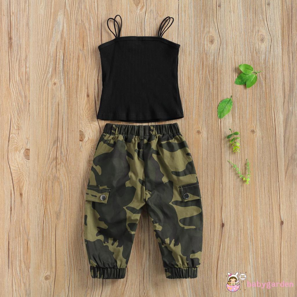 Bộ Đồ Thời Trang 2 Món Áo Không Tay + Quần Họa Tiết Rằn Ri + Thắt Lưng Cho Bé Gái 2-7 Tuổi