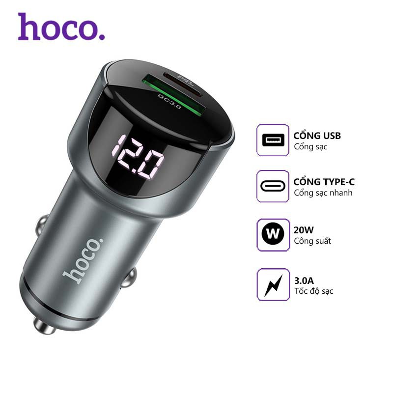 Tẩu sạc nhanh xe hơi ôtô Hoco Z42 gồm 2 cổng U+C hỗ trợ công nghệ sạc nhanh PD 20W / QC3.0