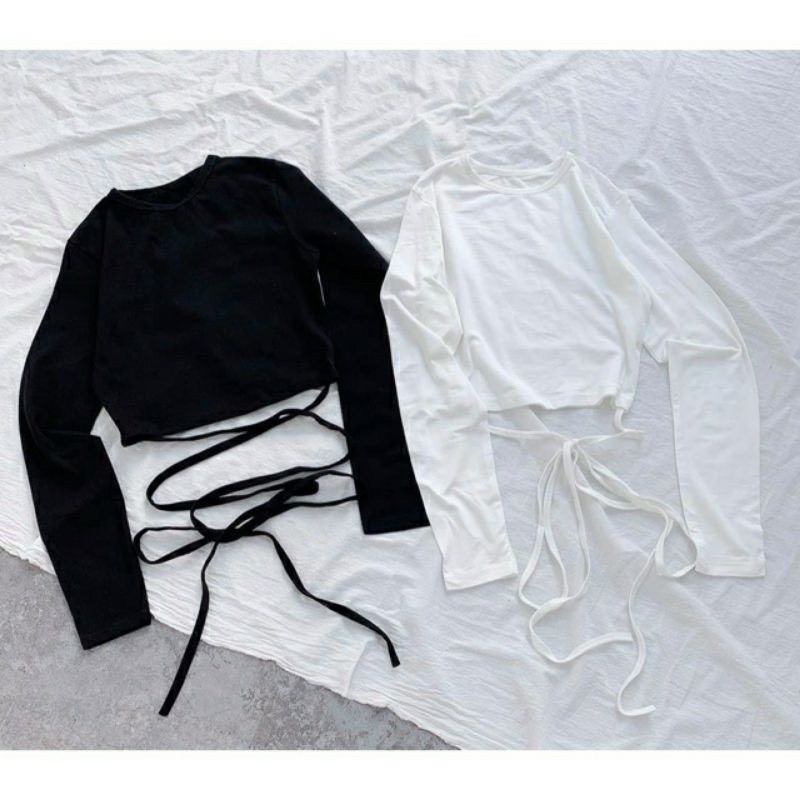 ÁO CROPTOP CỘT EO TAY DÀI, chất thun co giãn tốt freesize [MOMENT HOUSE]