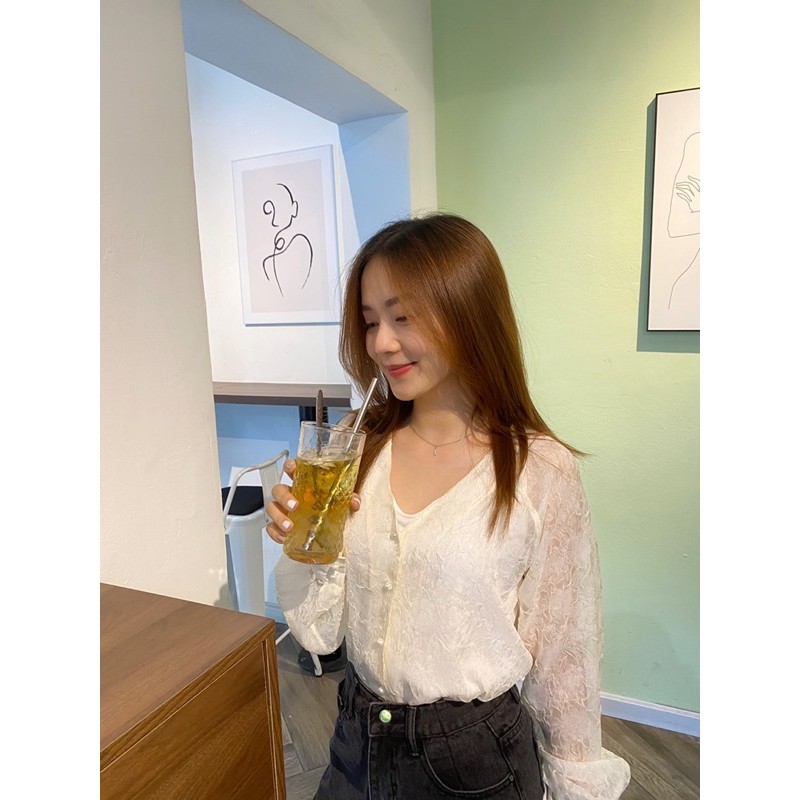 Áo sơ mi nữ voan vàng nhạt (tặng kèm áo dây cotton trắng) Floral Harriet