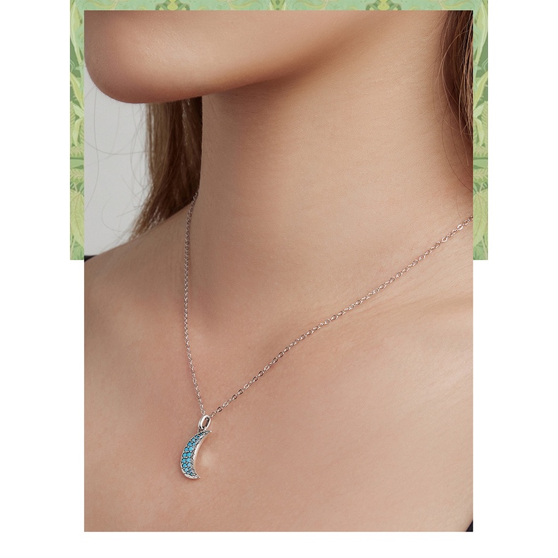 BAMOER Vòng cổ Bạc 925 Mặt Hình Mặt Trăng Đính Đá Ngọc Lam Thời Trang Cho Nữ