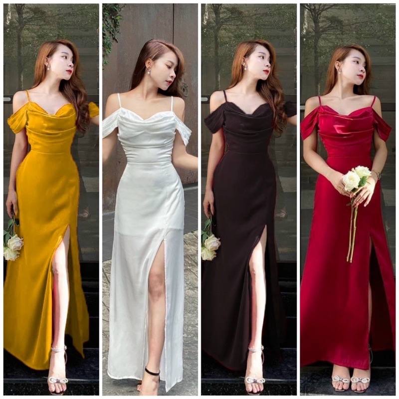 Đầm maxi body dự tiệc rớt vai xẻ đùi eo sang trọng TRIPBLE T DRESS - Size S/M/L - MS134Y