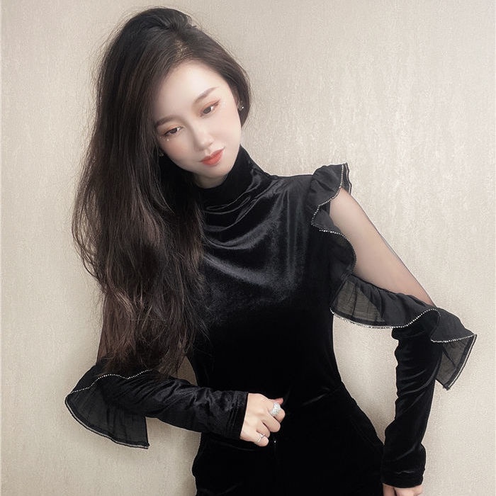 Áo kiểu vải nhung dài tay dáng ôm thiết kế khoét rỗng thời trang mùa thu mới quyến rũ cho nữ