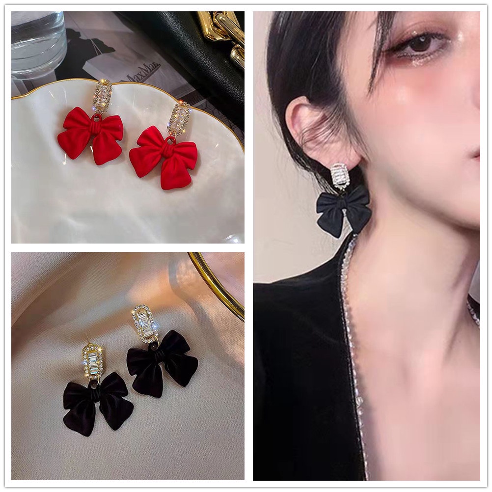 Bông Tai Mạ Bạc 925 Hình Nơ Đen Sang Trọng Dễ Phối Đồ Dành Cho Nữ