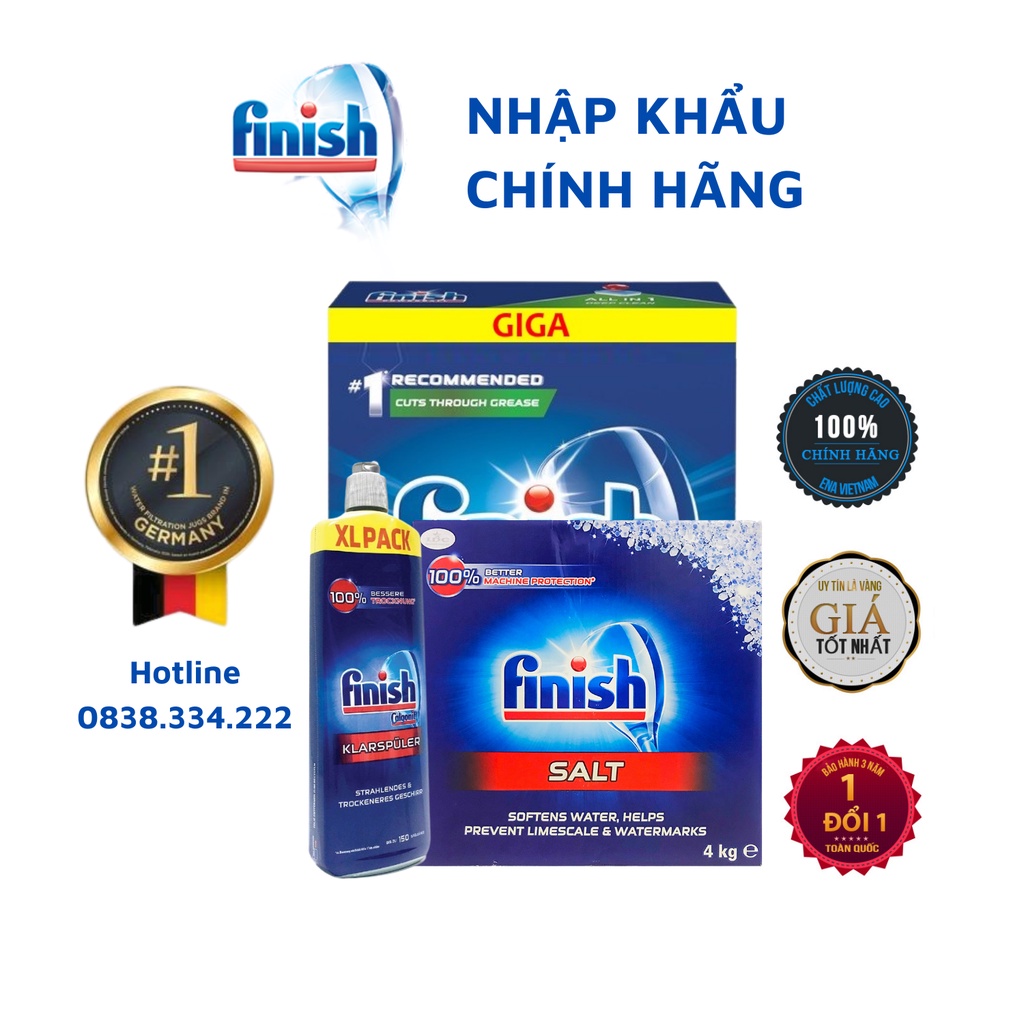 Combo Viên rửa chén bát Finish All in one 120 viên + Muối 4kg + Bóng 750ml Nhập khẩu chính hãng