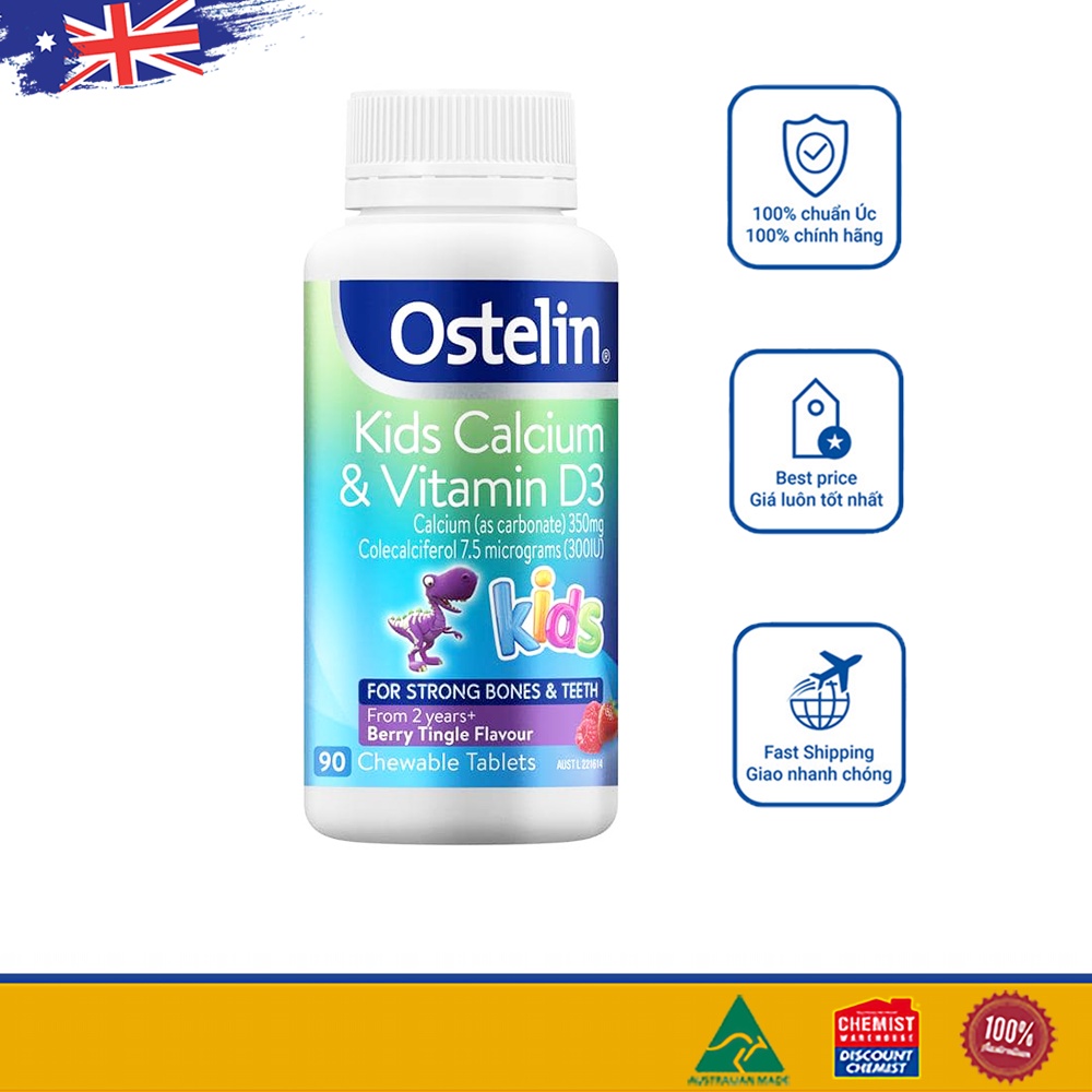 Kẹo Canxi Khủng long Ostelin Kids Calcium & Vitamin D3 của Úc cho bé 90 viên
