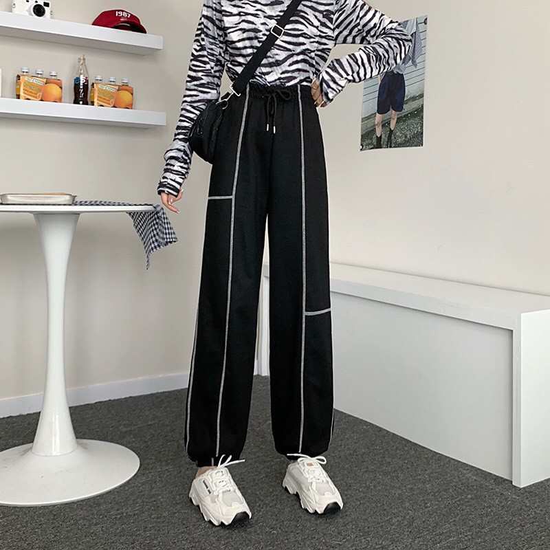 Quần jogger ống rộng cạp cao họa tiết viền chỉ trắng dáng suông phong cách ulzzang_ranstore | BigBuy360 - bigbuy360.vn