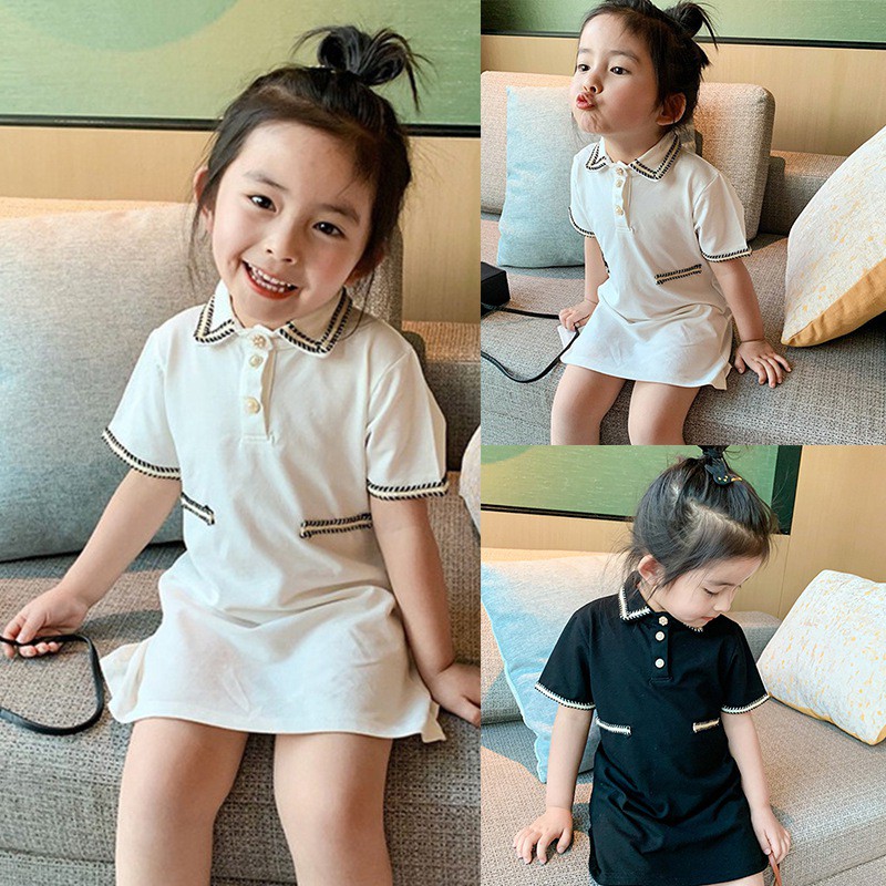 Đầm tay ngắn cổ bẻ phối màu tương phản thời trang mùa hè phong cách Hàn Quốc dành cho bé gái