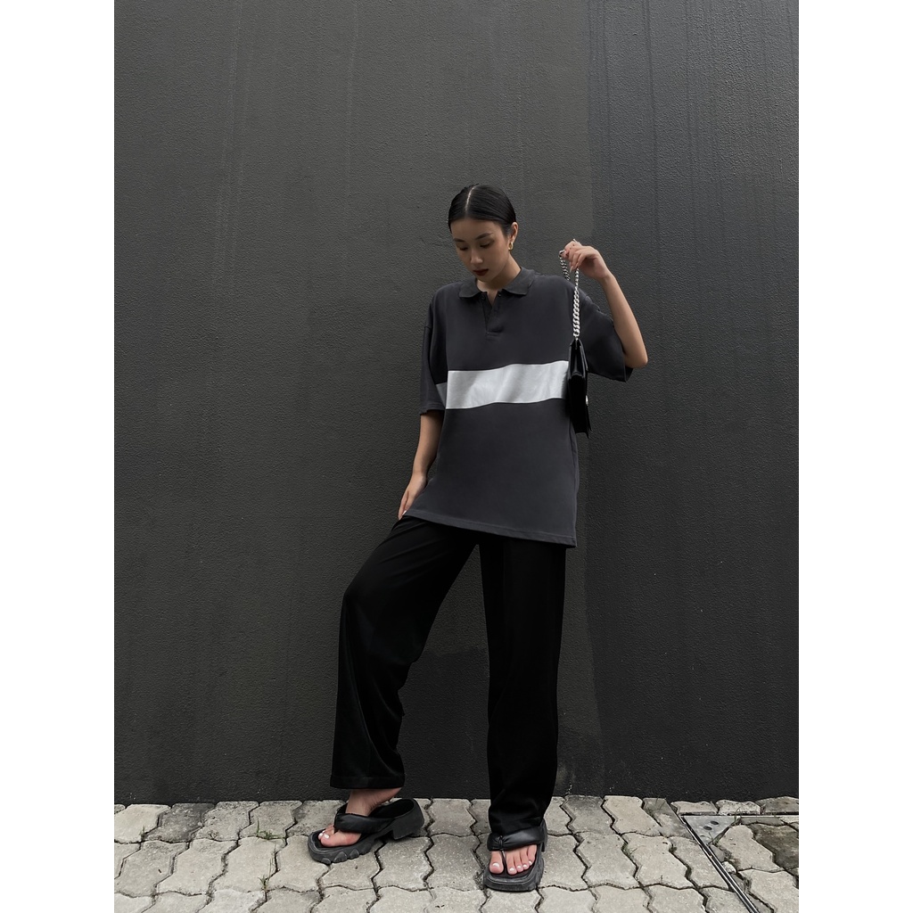 Áo POLO LOGO 2 Màu Đen, Xám In Mảng Nhũ Nổi Bật Unisex Oversize