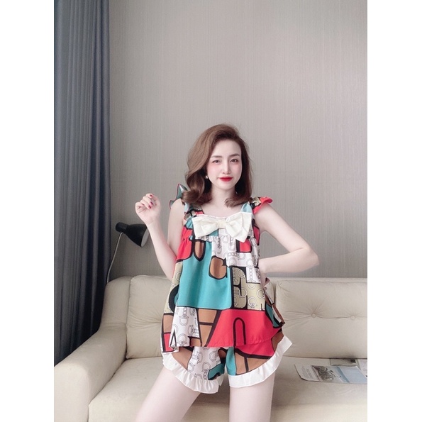 Đồ Bộ Lụa 2 Dây Nữ, Bộ Đồ Lụa 100d 2 Dây Nữ, Bộ mặc nhà Nữ dễ thương viền bèo, lụa 100d lập thể, Freesize &lt; 60kg