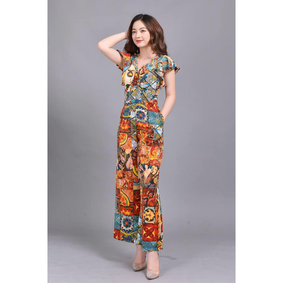 Bộ đồ bay - Jumpsuit ống rộng in họa tiết cao cấp