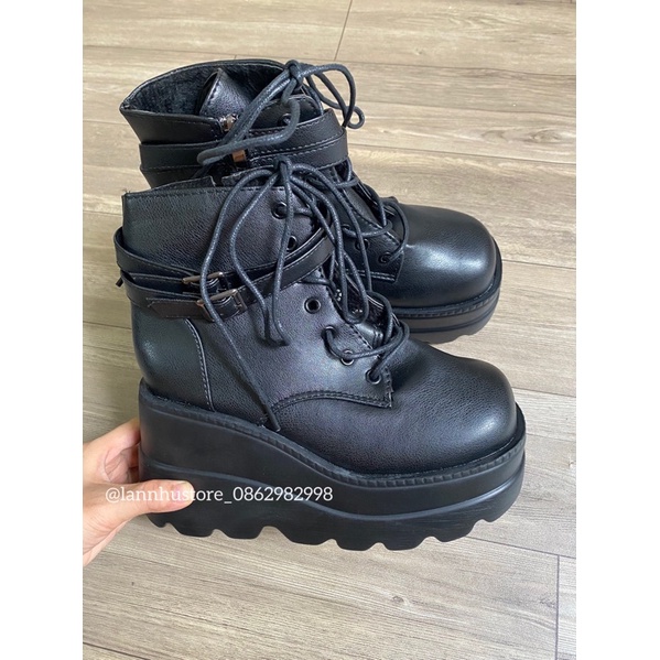 Giày Boot độn đế cổ cao mắt cá chân đan dây- 2 màu