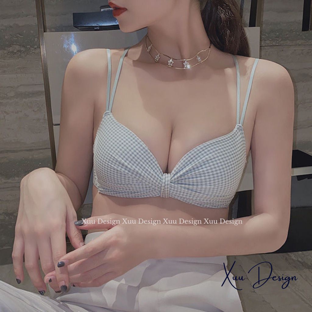 Áo lót nữ kẻ caro thiết kế đệm dày vừa không gọng XUU, dây kép đan chéo nâng ngực gợi cảm - AV44