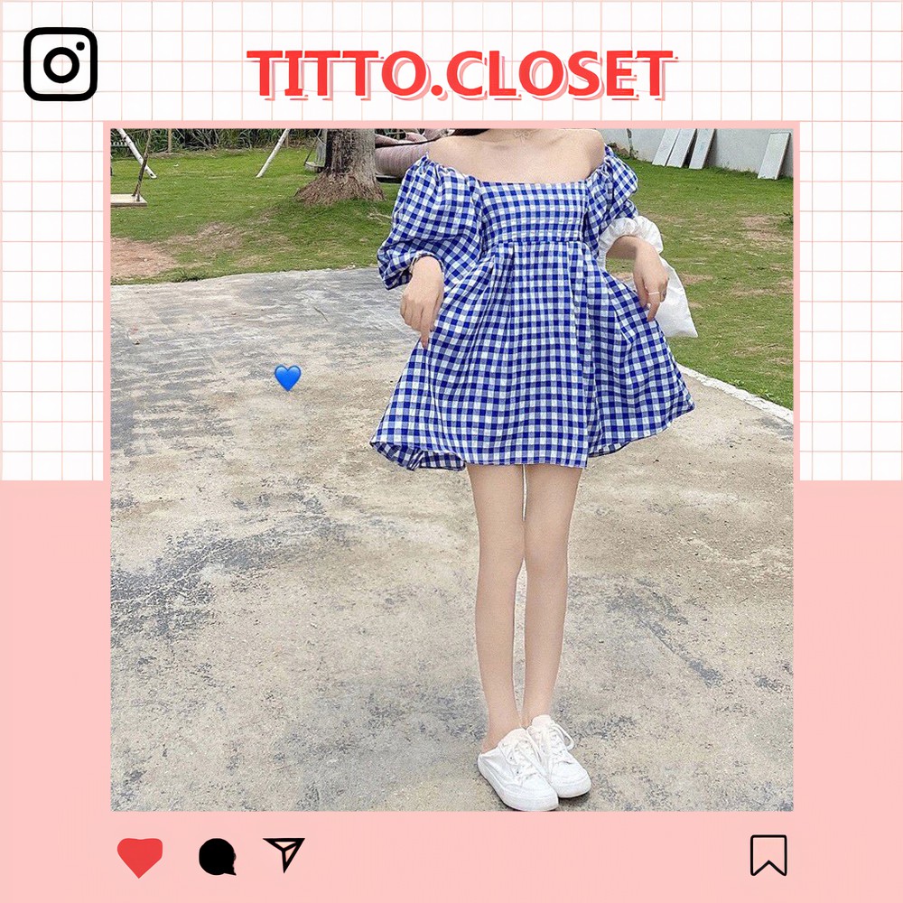Váy Babydoll Trễ Vai Caro Xanh - Váy Đi Biển - Ảnh Thật - Titto Closet