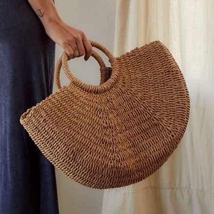 Túi cói hình bán nguyệt kiểu dáng Vintage, có lớp lót trong rộng rãi phù hợp đi biển T324 (Không khăn)