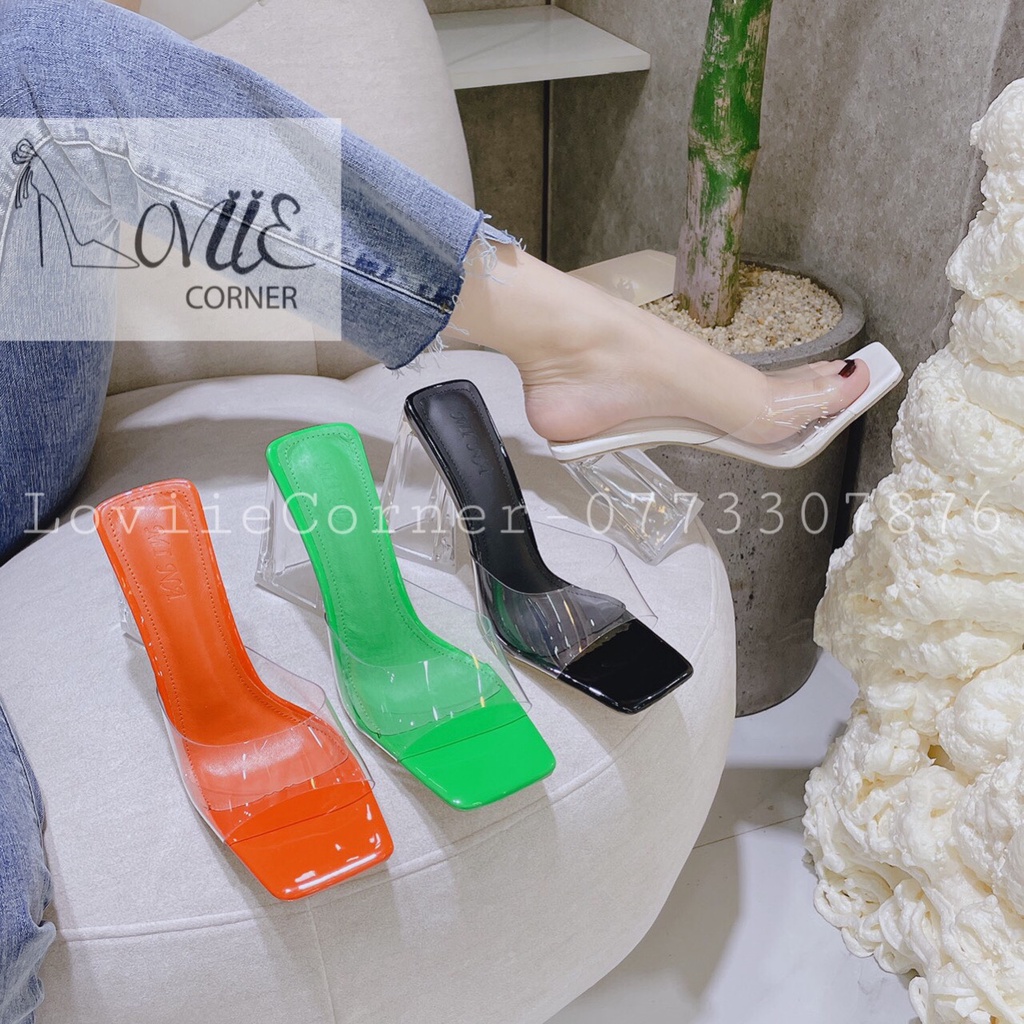 DÉP CAO GÓT NỮ LOVIIE CORNER - GUỐC NỮ THỜI TRANG QUAI TRONG ĐẾ TAM GIÁC - DÉP TRONG SUỐT CAO 9 PHÂN D220109