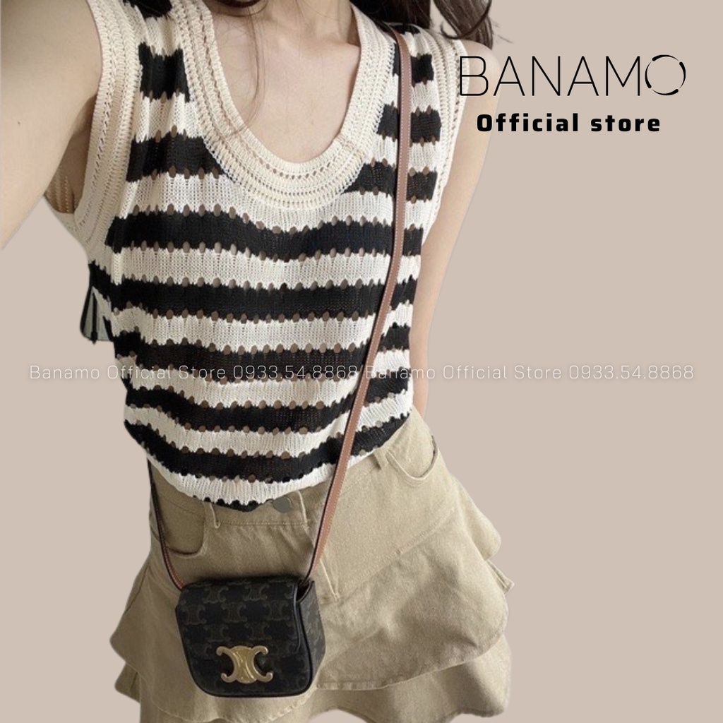 Áo len nữ kẻ ngang ba lỗ form rộng phong cách hàn quốc siêu đẹp thời trang Banamo Fashion áo len kẻ ba lỗ 3417