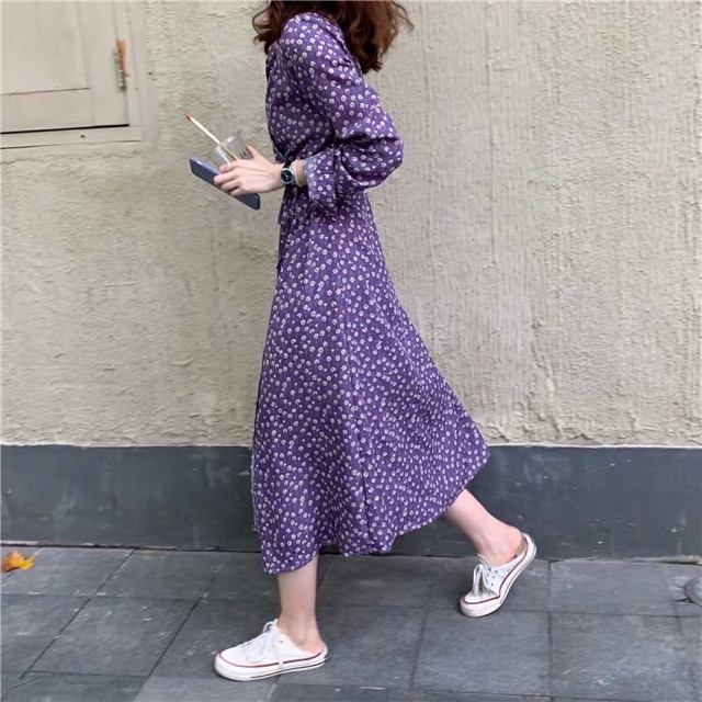 Váy hoa nhí tím dài dáng dài, ngắn tay, dài tay