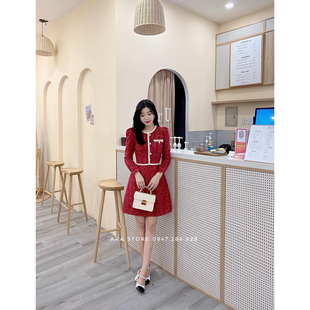 Váy dạ đỏ Tweet cao cấp phối viền cách điệu Ara V06 | BigBuy360 - bigbuy360.vn