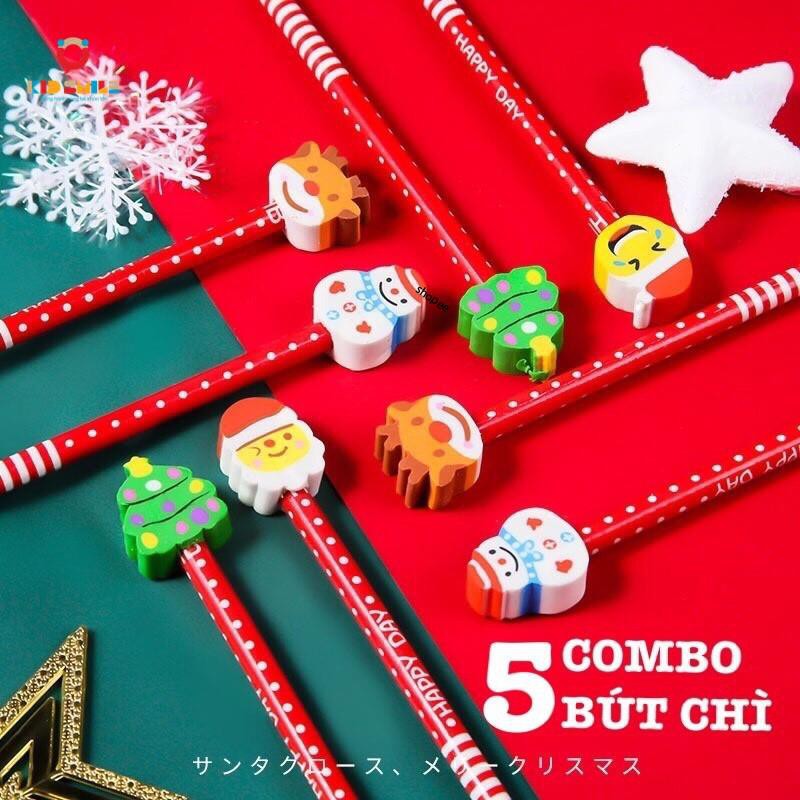 [COMBO 5 BÚT] chì 2B kèm tẩy họa tiết Noel ( cây thông, người tuyết,ông già Noel ) dễ thương cho bé học vẽ học viết chữ