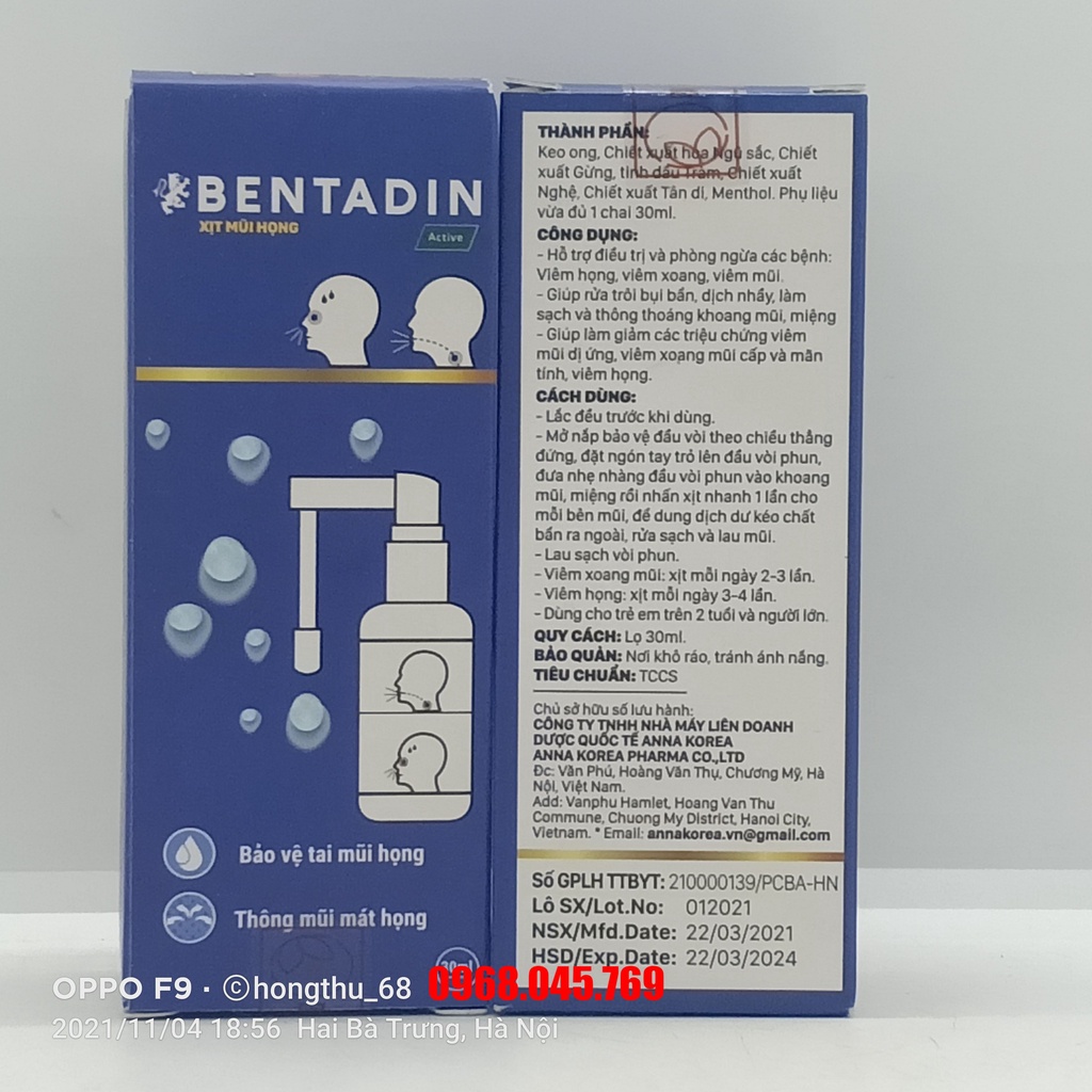 Xịt mũi họng BENTADIN Ative chai 30ml