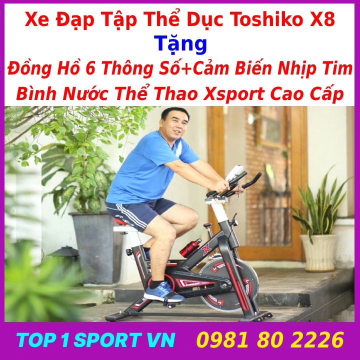 Xe đạp tập thể dục thể thao gym tại nhà Toshiko X8 Sport tặng máy tập cơ bụng + đồng hồ cảm biến nhịp tim,bảo hành 5 năm