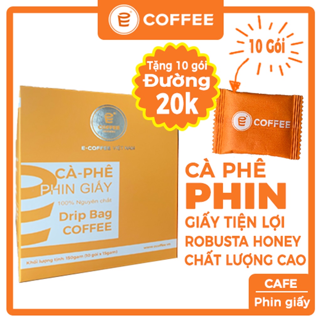 Cà phê phin giấy E COFFEE (drip bag coffee) sử dụng cafe robusta honey premium với hương thơm hậu vị ngọt kéo dài.