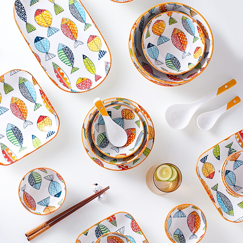 Bộ set chén dĩa bát đĩa gốm sứ decor cao cấp Hình Con Cá đáng yêu
