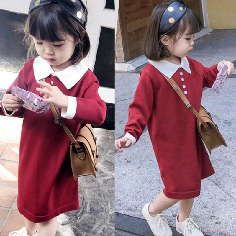 Đầm tay dài cổ bẻ màu trơn phong cách Hàn Quốc đáng yêu cho bé gái