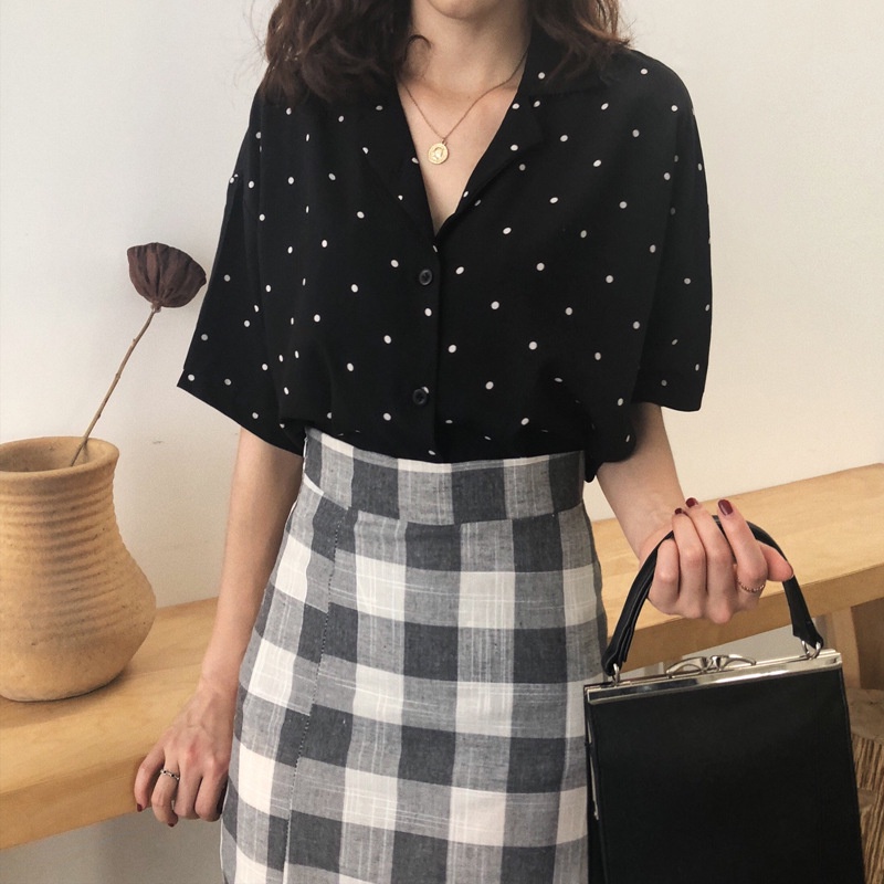 Áo Sơ Mi chiffon Tay Ngắn Dáng Rộng Họa Tiết Chấm Bi Phong Cách Hàn Quốc  Cho Nữ