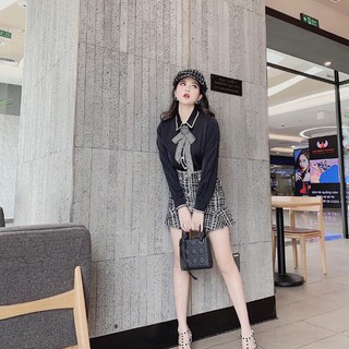 giảm giá Set áo lụa- chân váy dạ kẻ hot hit