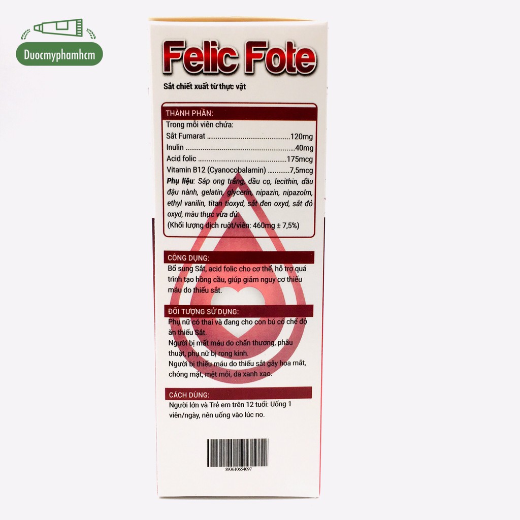 Felic fote bổ sung sắt và acid folic, giảm thiếu máu do thiếu sắt, hỗ trợ quá trình tạo máu, quá trình tạo hồng cầu