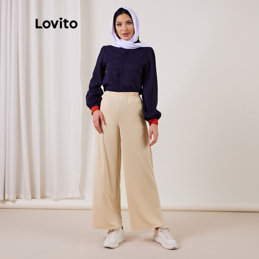Quần dài Lovito ống rộng nhún thun phối túi màu trơn phong cách thanh lịch L17X417 (Màu trái mơ)