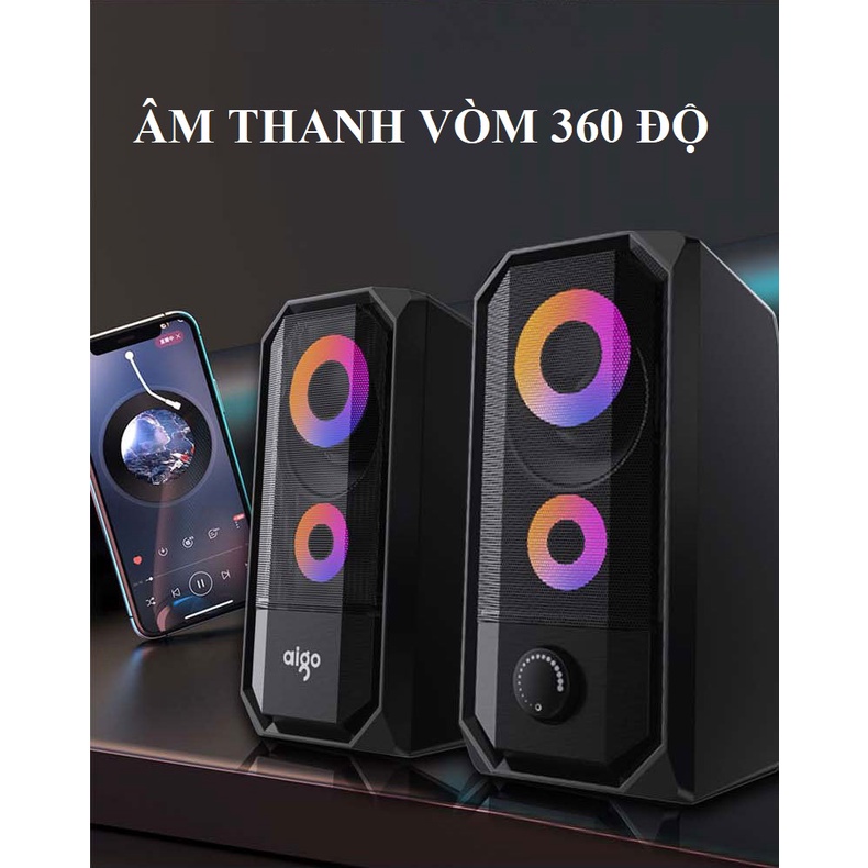 Bộ 2 chiếc Loa máy tính, Loa Để Bàn Aigo S563 âm thanh vòm 360 độ có đèn led kết nối cổng USB và Jack 3.5mm