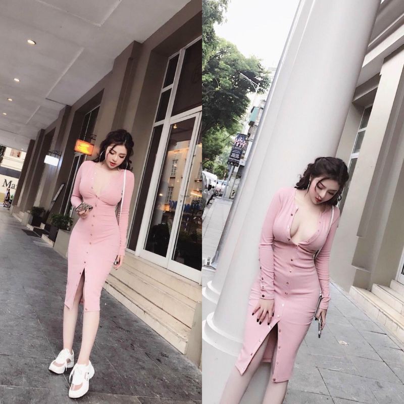 Đầm body dài tay có nút chất thun co giãn tốt đẹp xuất sắc | BigBuy360 - bigbuy360.vn