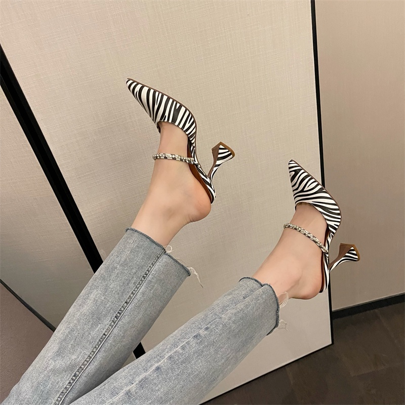 Giày cao gót mũi nhọn 3.54 inch Size 35-41 họa tiết ngựa vằn đính đá xinh xắn dành cho nữ
